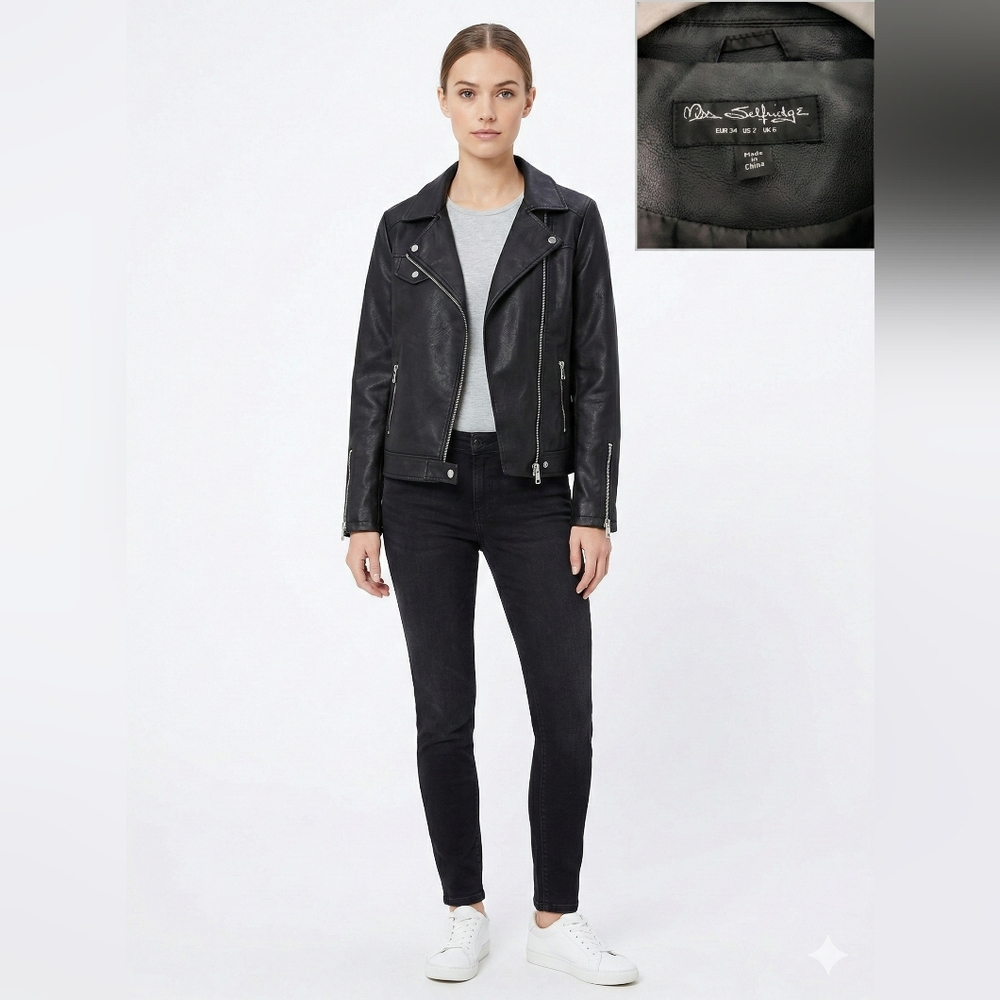 Miss Selfridge Black Faux Leather Moto Biker Jacket - Size US 2 / UK 6 / EUR 34